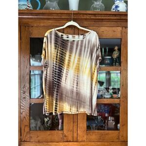 LOT OF 2 Gold Brown Multicolor Tie Dye MTS Top Blouse Side Slits size 1X EUC